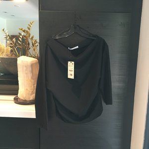 Zara (XL) Black Drape Neck Top with Slight Side Ruching and 3/4 Length Sleeves